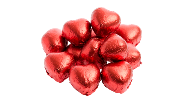Chocolate candies in red foil packaging in the shape of hearts - Powered by Adobe