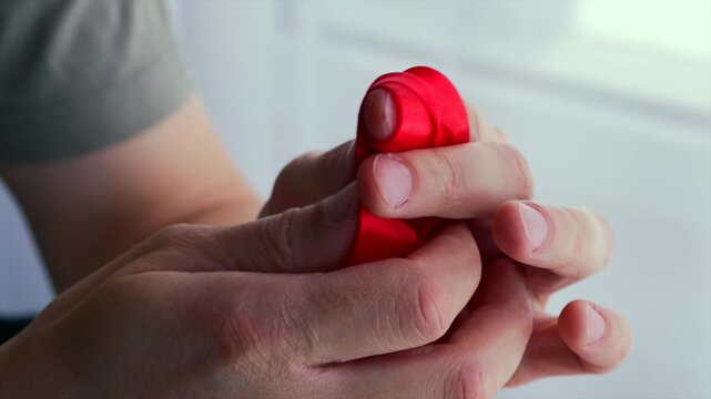 A red ribbon in a person's hands.
Satin ribbon and a festive mood.
Ribbon for wrapping fire extinguishers or flowers.
Red, ribbon, satin, long, bow