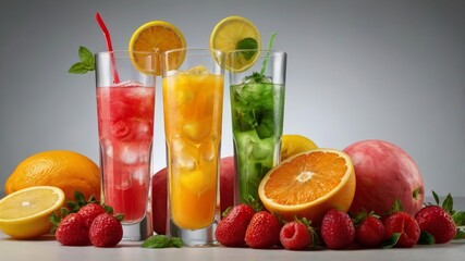 Clean and modern drink layout: freshly pressed juices with slices and herbs, minimalist aesthetic, white background