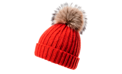 red knitted cap with a fluffy pompom