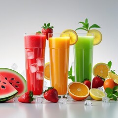 Fototapeta premium Colorful fruit juices: watermelon, strawberry, orange, lemon-mint in modern glasses with ice, minimalist bright backdrop