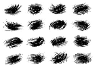 Vector set of black ink brush strokes. Grunge textured elements for digital art, backgrounds, design accents, abstract patterns, and creative illustration projects.