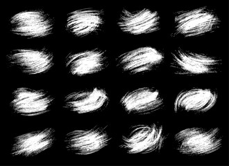 Vector set of white ink brush strokes on black. Bold textured elements for abstract design, digital art, backgrounds, posters, and modern illustration projects.