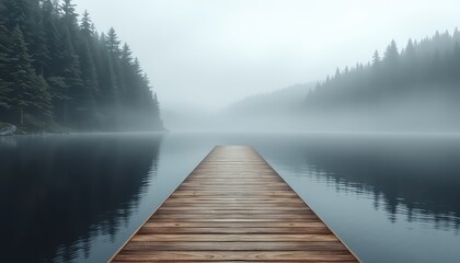 Fototapeta premium Wooden dock extending into tranquil lake surrounded by evergreen forest shrouded in a dense fog