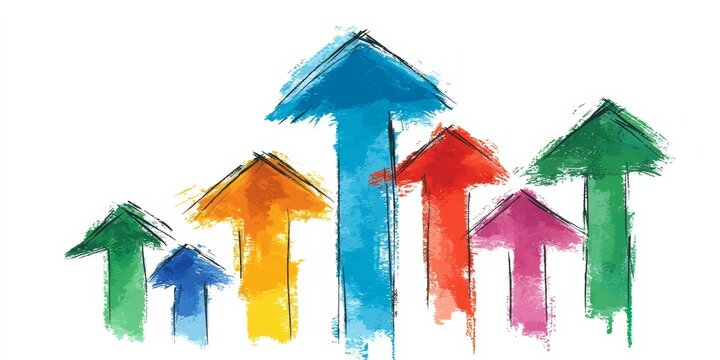 Series of colorful arrows pointing upwards, with some arrows being more prominent than others. Concept of growth and progress, as the arrows rise higher and higher. The use of bright colors