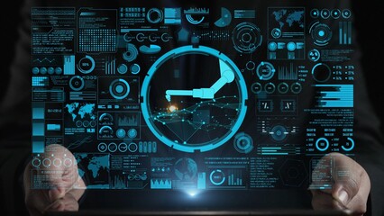 Explore a detailed and futuristic illustration of data visualization with hands presenting a transparent screen showcasing various analytics and metrics. Cipher