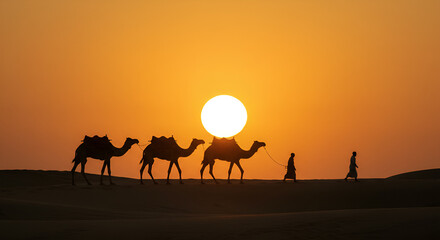 Silhouette of camels and a herder walking in the desert with a beautiful dramatic sunset background.