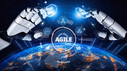 Fototapeta premium Agile project management using teams and agile planning for agile development. Agile enables flexibility, collaboration, and continuous improvement across modern workflows. Muxer