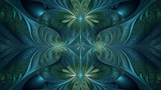 A high-resolution abstract background image created using a fractal pattern in cool blues and greens, featuring intricate details and self-similarity, rendered using a digital algor. - Powered by Adobe