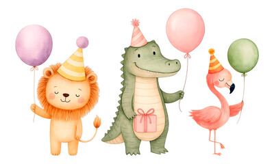 Obraz premium Watercolor Birthday Animals – Cute Lion, Crocodile and Flamingo Clipart with Balloons and Party Hats, Hand-Painted Kids Illustration