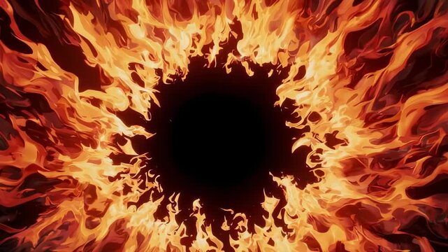 An intense fiery vortex.  Abstract orange and yellow flames circle a central dark void, creating a dynamic and mesmerizing effect