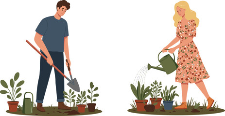 Gardening, planting, watering plants, people working in garden, sustainable lifestyle, eco friendly hobby, outdoor activity, nature care, home gardening, teamwork