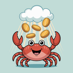 Fototapeta premium A happy crab is joyfully catching falling coins under a fluffy cloud, portraying an uplifting theme of prosperity and good fortune in an amusing and playful way.