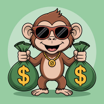 This stylish monkey character is wearing sunglasses and holding money bags, encapsulating a fun and cheeky personality in a playful illustration that's perfect for humor and creativity.