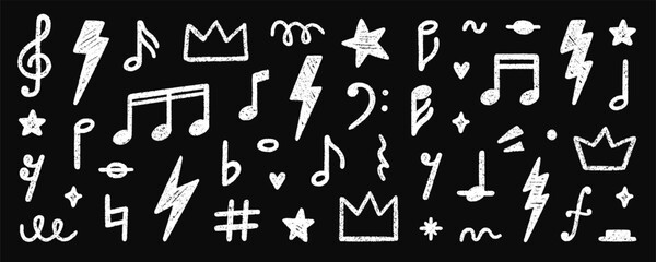 Crayon musical notes doodle set. Punk rock chalk pencil elements in sketch style. Grunge texture. Hand drawn vector illustration isolated on black background.