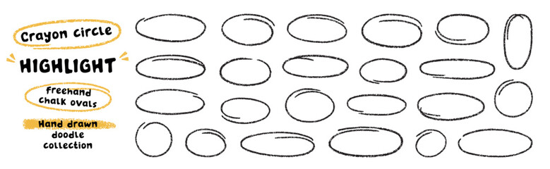 Crayon ovals doodle, freehand circle highlight. Chalk pencil ellipse frames, round shapes in sketch style. Hand drawn vector illustration isolated on white background