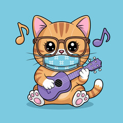 A cute cat wearing glasses and a mask is joyfully strumming a purple ukulele, embodying a fun and playful spirit amidst a cheerful blue background filled with musical notes.