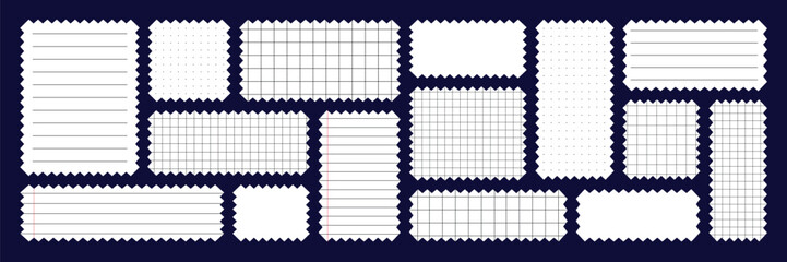 Zigzag note paper and torn frame with irregular. Squares and rectangles shapes. White blank sheet for notes or memo