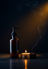 Glass bottle with pump and lit candle emitting smoke on dark background  