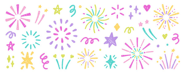 Chalk pencil fireworks, sparkling stars doodle set. Kids crayon color firecracker, confetti, sunburst, explosion in sketch style. Grunge texture. Hand drawn illustration isolated on white background
