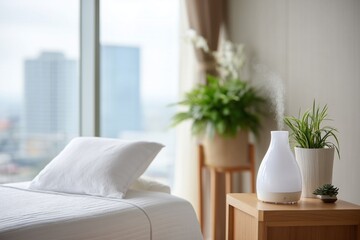 White aroma diffuser releases mist on wooden nightstand, creating calm bedroom, city view
