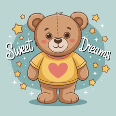 This charming teddy bear wears a heart-themed shirt and is surrounded by stars, conveying a sweet dreams theme that is perfect for children's rooms or bedtime stories.
