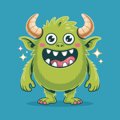 A playful green monster with a wide smile and quirky features embodies the fun and joy of fantasy, appealing to children and those young at heart.