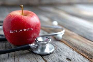 Whole red apple sits next to silver stethoscope on textured wood, health concept