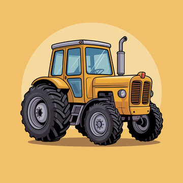 A charming illustration of a bright yellow tractor, emphasizing agricultural themes and childhood nostalgia, crafted in a playful and vibrant cartoon style.