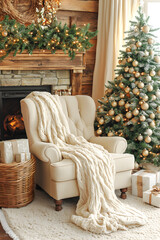 Neutral Rustic Christmas Living Room with Beige Armchair and Knit Blanket