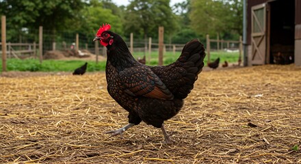 Black hen on straw in farmyard setting livestock poultry and agriculture