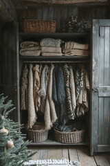 Rustic Wooden Wardrobe with Cozy Knit Sweaters