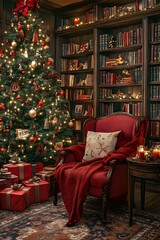 Elegant Christmas Library with Red Armchair and Decorated Tree