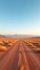 A long, dusty road stretches into the distance under a clear blue sky in a remote landscape