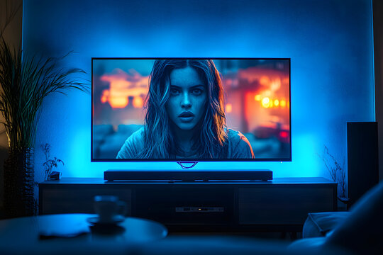 Modern Living Room With Large TV And Ambient Blue Lighting