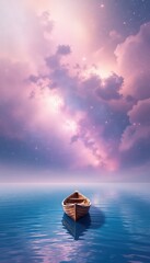 Small Boat in Still Water Under a Starry Sky with Ethereal Pink Clouds Creates a Serene and Peaceful Dreamscape