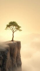 Solitary Tree Stands Resiliently on a Cliff Edge, Surrounded by a Misty and Golden Hued Atmosphere