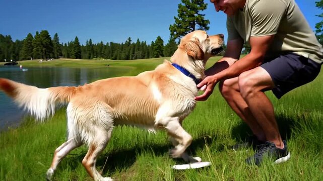 Golden retriever fetching frisbee in a serene lake