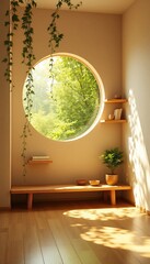 Interior space bathed in sunlight with a circular window showing trees and foliage, plants, minimalist design