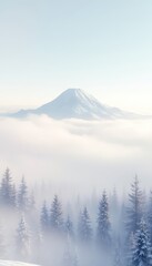 Winter Scene with Snow Covered Mountain Peak Emerging from Fog and Forest of Evergreen Trees