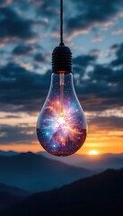 Illuminating Concept A Glowing Lightbulb Contains the Universe, Suspended Before a Colorful Twilight Mountainscape