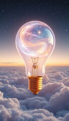Illuminated lightbulb displaying celestial wonders, resting peacefully above a boundless, tranquil sea of fluffy, ethereal clouds