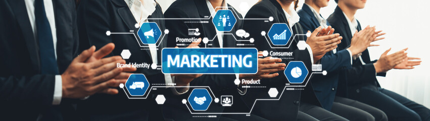 Corporate Audience Applauding Marketing Strategies in a Business Presentation with Graphics and Icons Representing Key Concepts. Amity