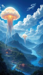 Fantastic Dreamscape with Majestic Floating Entities Overlooking a Tranquil Village and Winding River