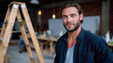 A smiling man stands confidently in a workshop filled with artistic tools and materials, reflecting the joy and satisfaction of pursuing his creative passions in art.