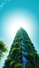 Skyscraper adorned with lush green vegetation reaching towards the sunlight against a serene sky