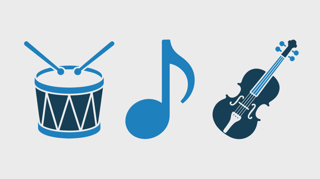 Musical instrument icon set including a drum music note and violin simple flat vector design element for web and mobile apps
