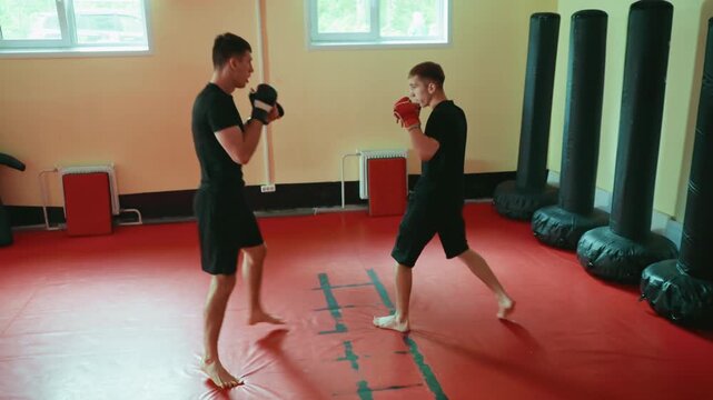 Two wrestlers sparring in gym on red mat, practicing martial arts with gloves, barefoot, exchanging punches, focusing on combat training, power, endurance, agility, discipline, balance, coordination