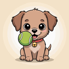 A lovable illustration of a young puppy happily holding a green tennis ball, showcasing the joy of pets and playfulness in a warm and inviting setting.