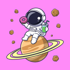 An astronaut relaxes on the rings of Saturn, savoring a donut and a drink, representing joy and indulgence in a cosmic setting of humor and creativity.
